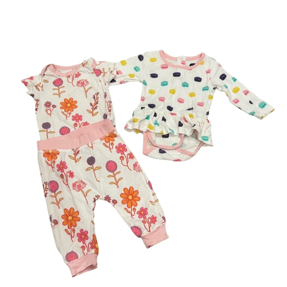 Monica + Andy Bodysuit Pants Set Kids 3-6M White Floral Macaron Organic Cotton